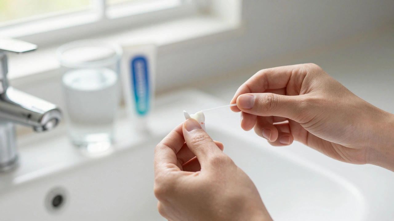 Ruka opatrně používá zubní nit pro prevenci kazu mezi zuby.