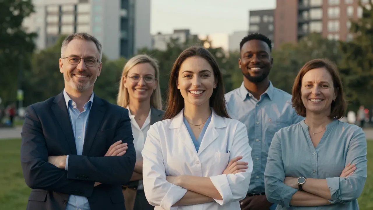 Různí běžní lidé se smířenými úsměvy, jejichž fazety září v záři západu slunce.