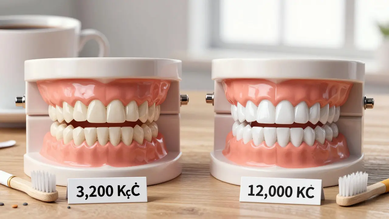 Side-by-side comparison of composite and ceramic veneers with lifestyle factors nearby.