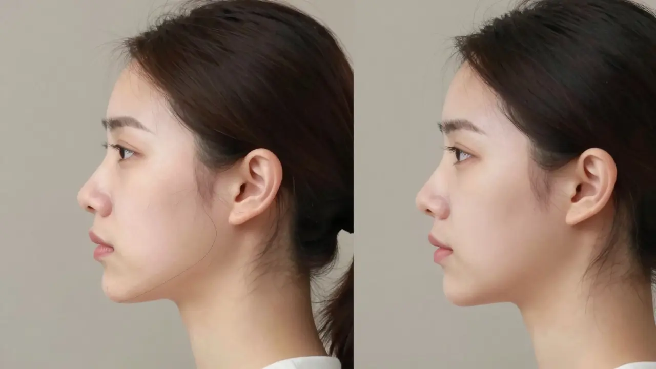 Srovnání před a po ortodontické léčbě: asymetrický obličej se mění na symetrický s výraznější bradou.