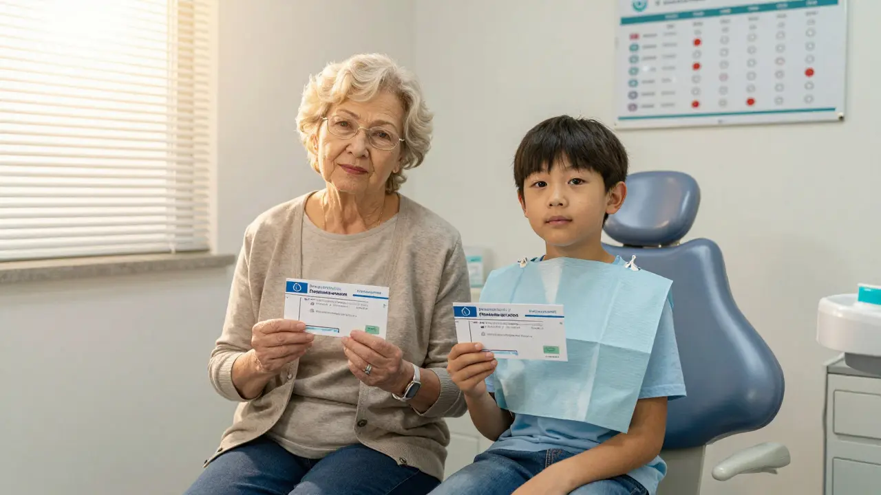 Stará žena a dítě čekají v zubní ordinaci s karty na preventivní prohlídky, teplé osvětlení.