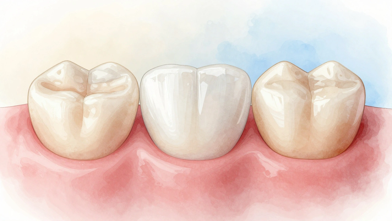 Three front teeth showing natural, treated, and stained composite veneers side by side.
