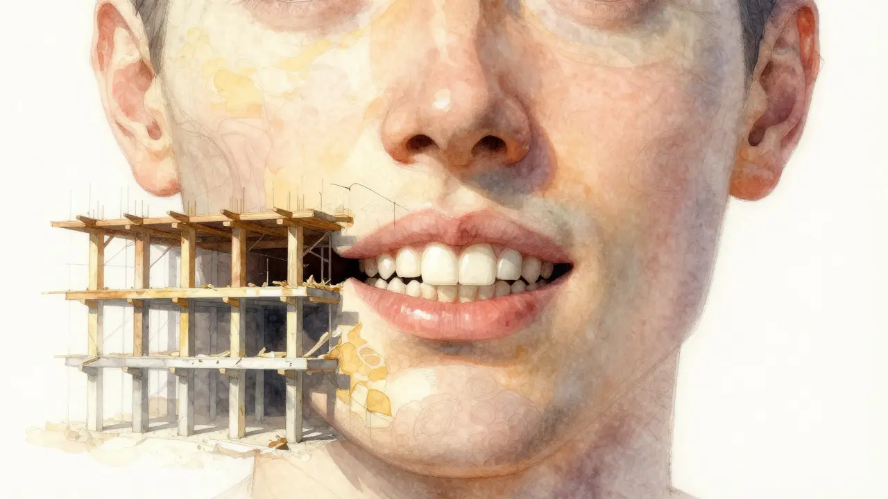 Umělecké znázornění obličeje jako budovy, kde zuby jsou pilíře, jejich přesun mění celý tvar tváře.