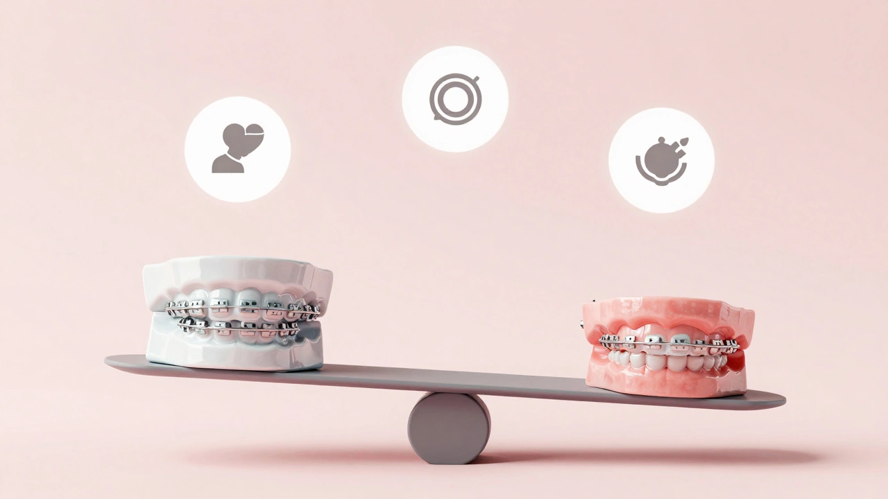 Váha s keramickými a kovovými rovnátky, symbolizující kompromis mezi estetikou a cenou.