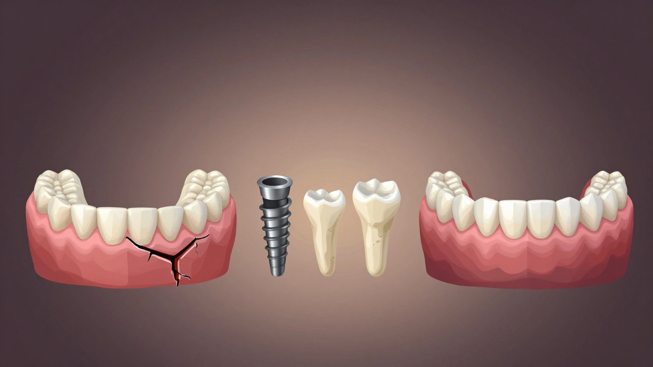 Visual timeline showing a damaged jaw transforming into a healthy, reconstructed dental arch.