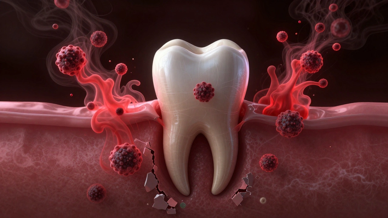 Vizualizace ničivého účinku bakterií na kost kolem kořene zubu pod dásní.