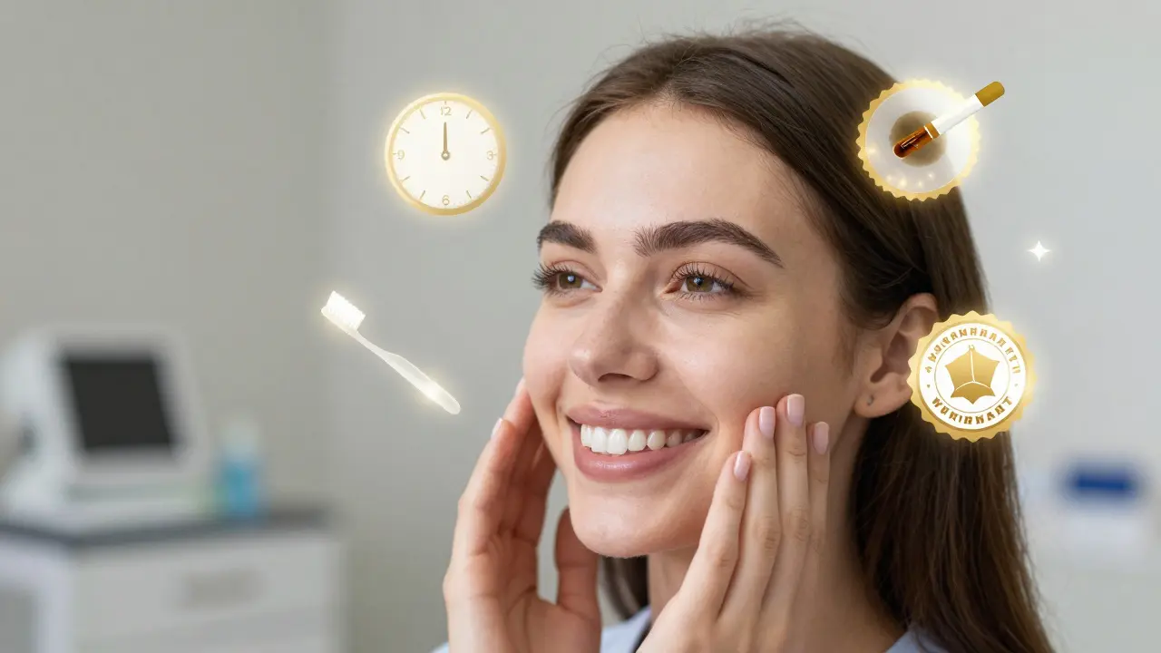 Woman smiling with floating symbols representing longevity and care of composite veneers.