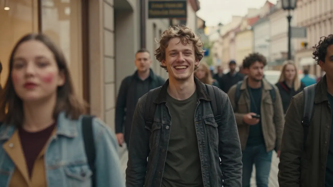 Žena se směje na ulici s přáteli, její nový úsměv září ve slunečním světle.