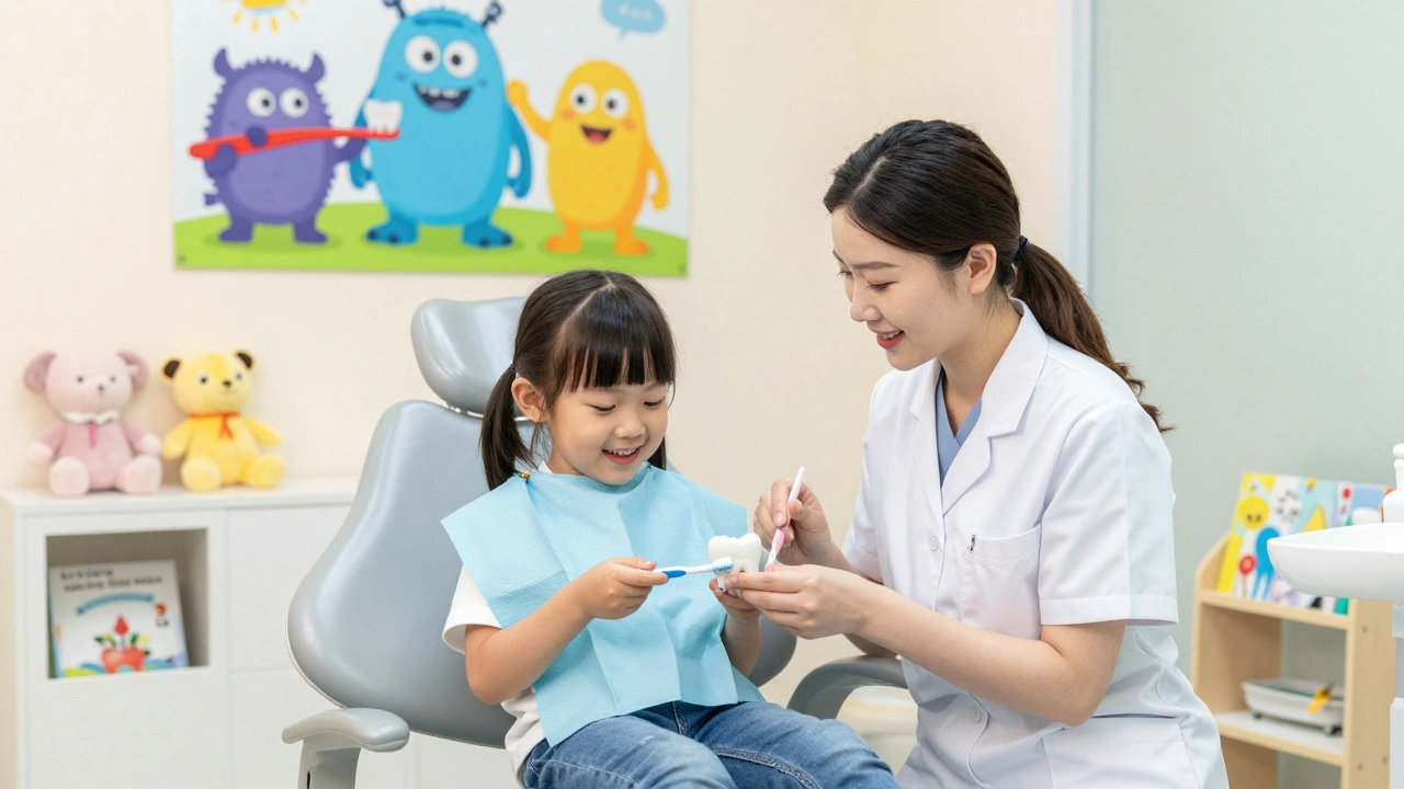 Zubař a dítě společně čistí model zubu z plastelíny v přátelském prostředí.