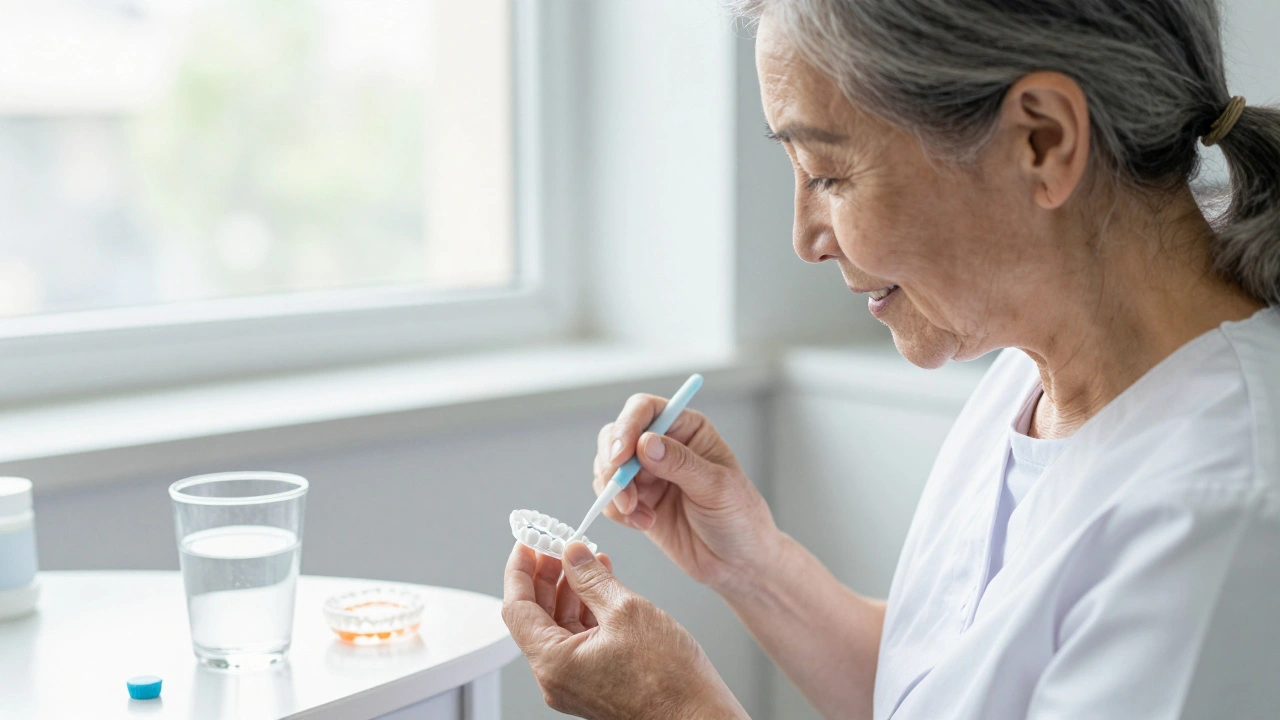 Zubní hygienistka pomáhá staršímu pacientovi čistit protézy.