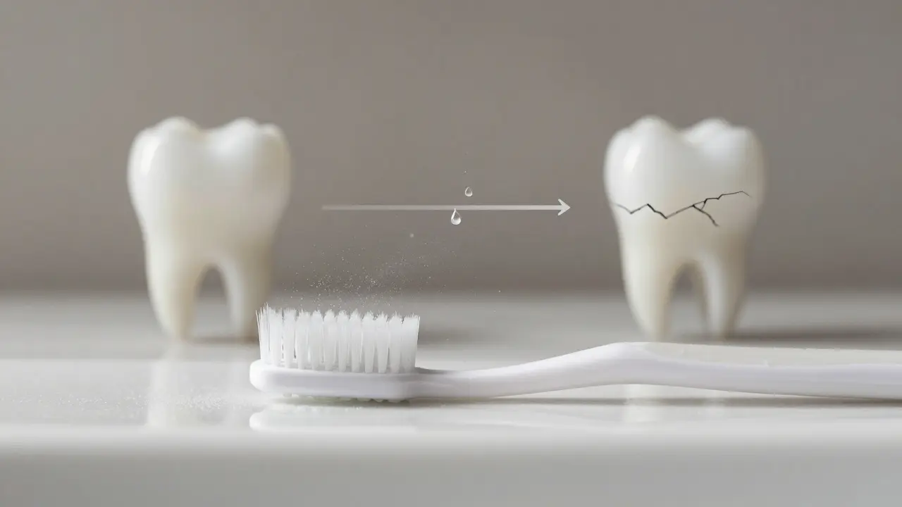 Zubní kartáček s jemným prachem od opotřebené sklovinky, za ním dva stavy zubu: čistý a poškozený.