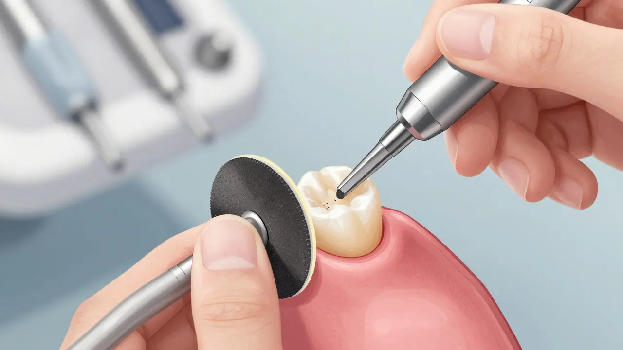 Zubní lékař jemně brusí jeden zub pomocí speciálního nástroje.