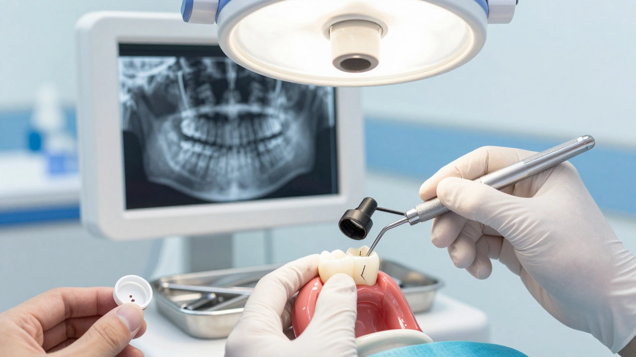 Zubní lékař prohledává poškozený zub s magnifikačními brýlemi a rentgenem na pozadí.