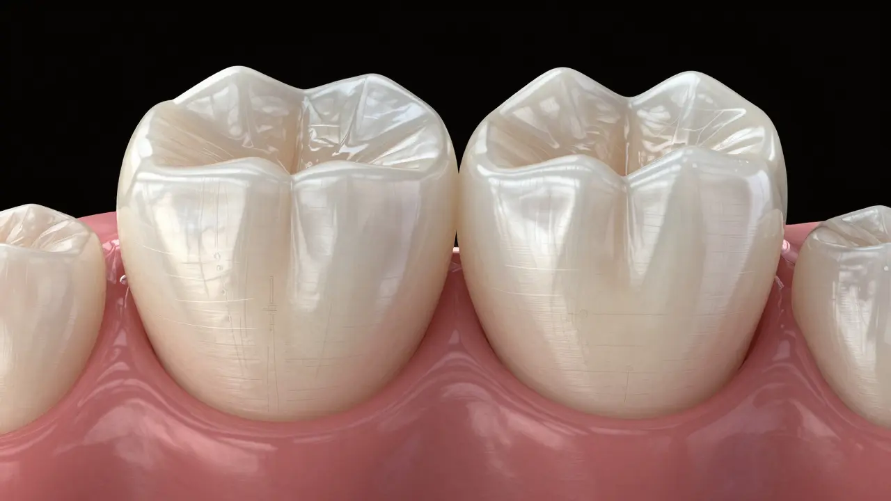 Zvětšený pohled na keramickou fazetu vedle přirozeného zubu, ukazující strukturu a odraz světla.