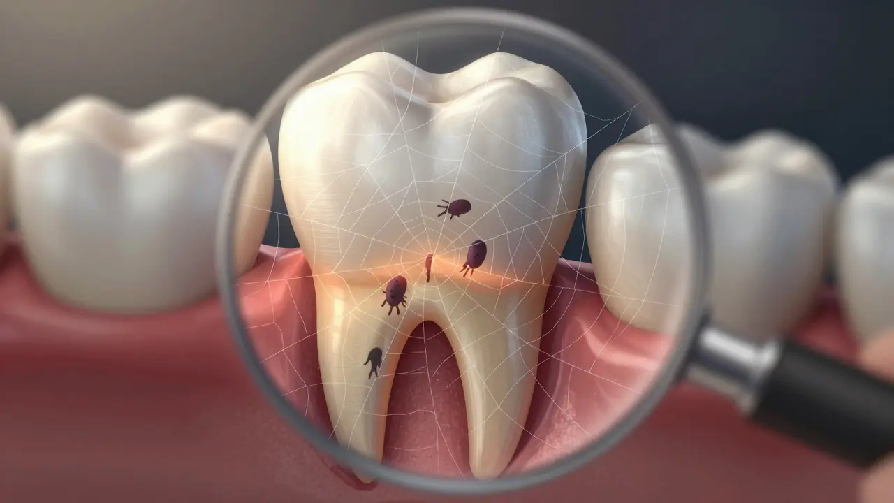 Zvětšený pohled na zubní sklovitu s jemnými trhlinami a bakteriemi pronikajícími dovnitř.