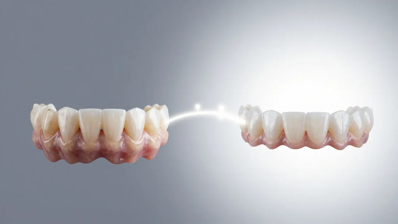 Before and after view of a tooth transformed by a ceramic veneer.