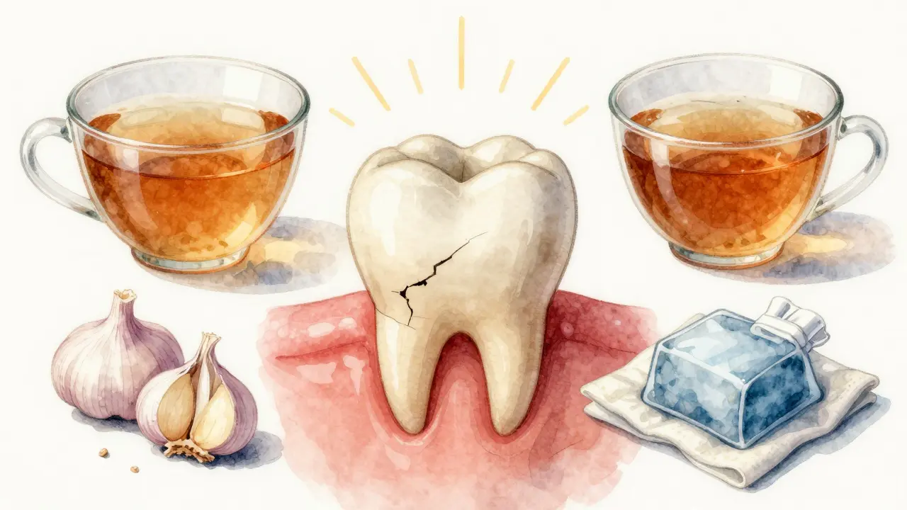 Blízký pohled na prasklý přední zub s oteklou dásní a přirozenými léky kolem něj.