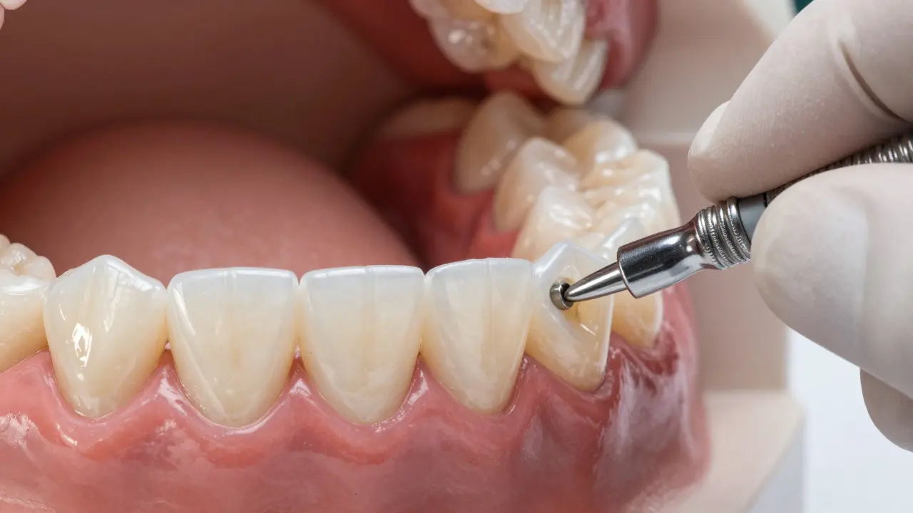 Ceramic veneers bonded to front teeth with natural light reflecting off their surface.