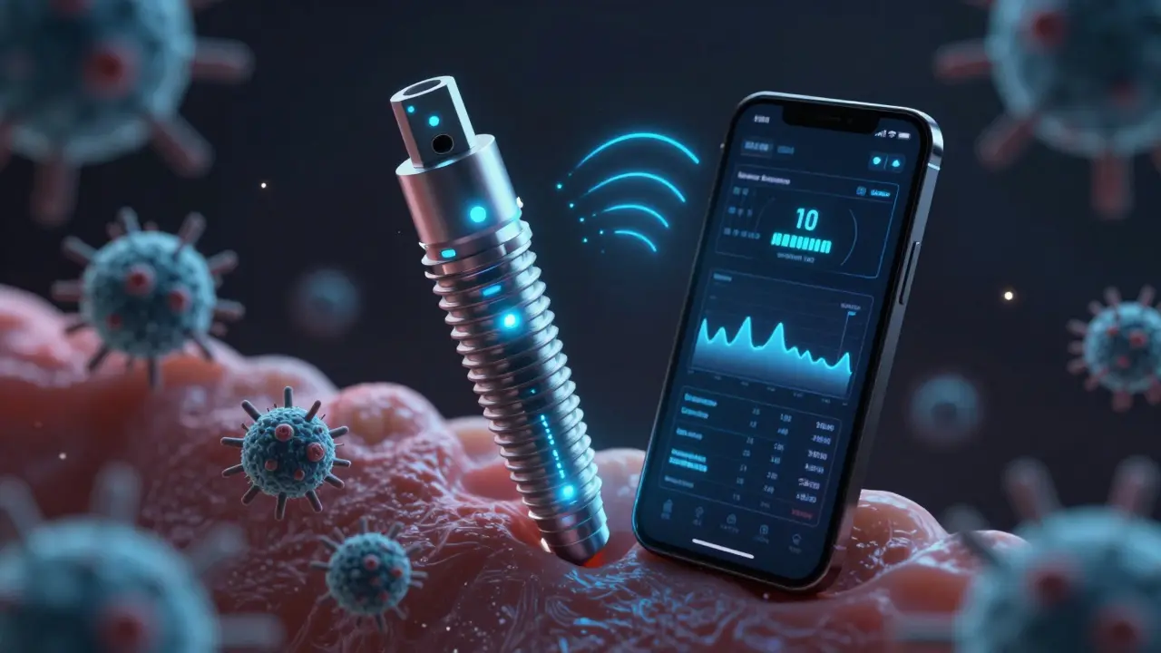 Chytrý implantát s čidly přenášejícími data na telefon, obklopený biologickými částicemi.