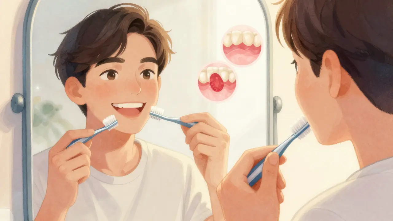 Člověk se usmívá do zrcadla, zatímco mikroskopické vrstvy odstraňují plak mezi zuby.