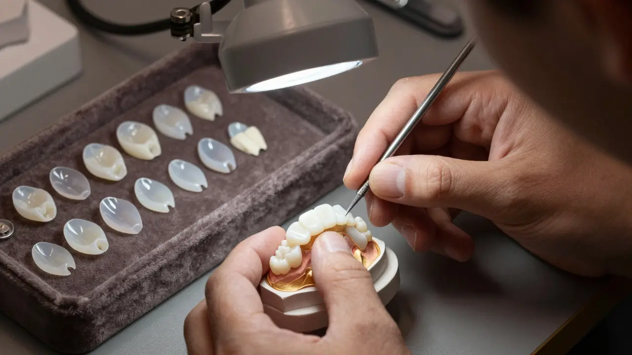 Dentální technik vyrábí tenké keramické fazety pod zvětšovací lampou.