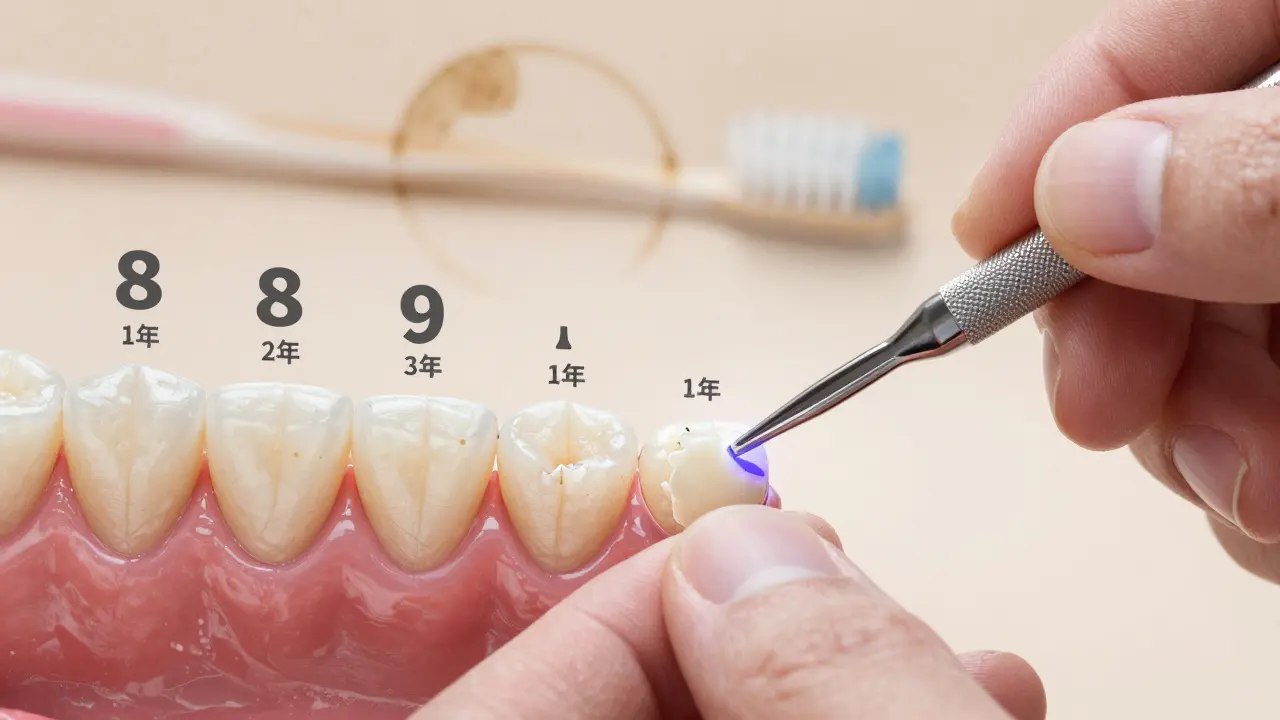 Dentist repairing a damaged composite veneer with UV light.
