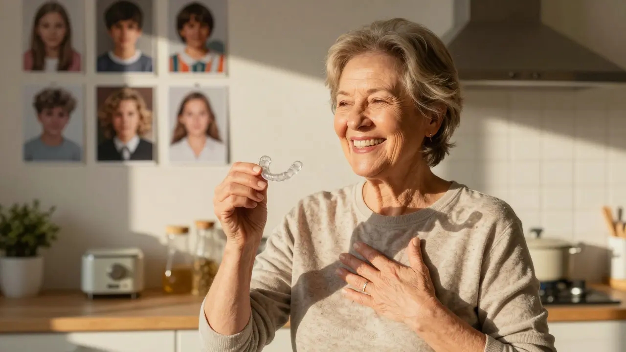 Dospělá osoba se směje s ortodontickým zařízením v ruce, za ní fotky z minulosti.
