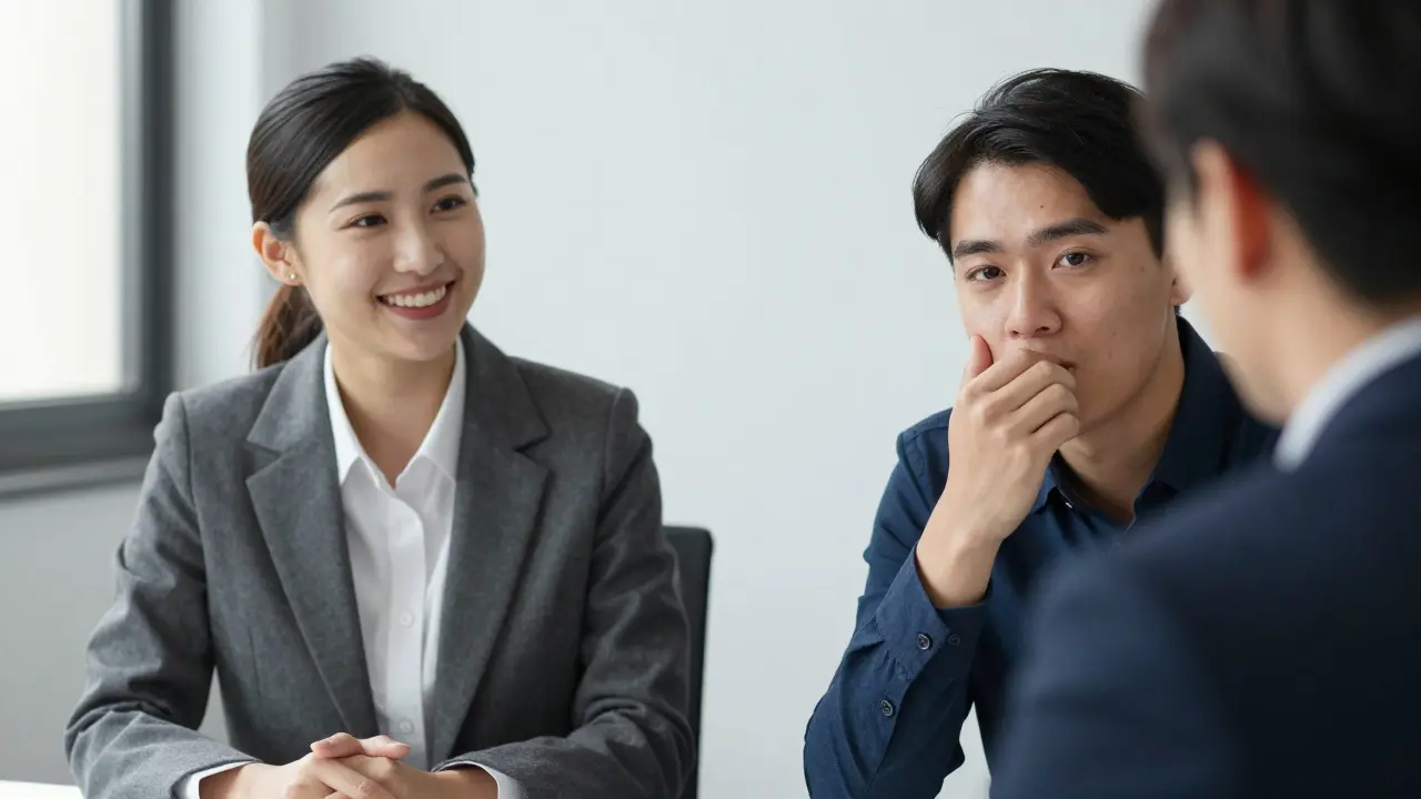 Dvě osoby v kanceláři během pohovoru – jedna se směje otevřeně, druhá se schovává.