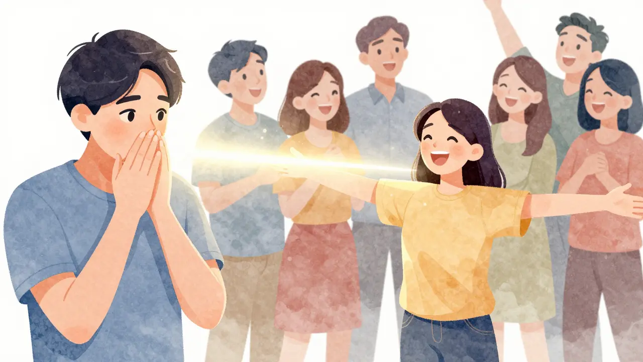 Dvě verze téže osoby: jedna zakrývá ústa, druhá se směje volně, symbolický přechod.