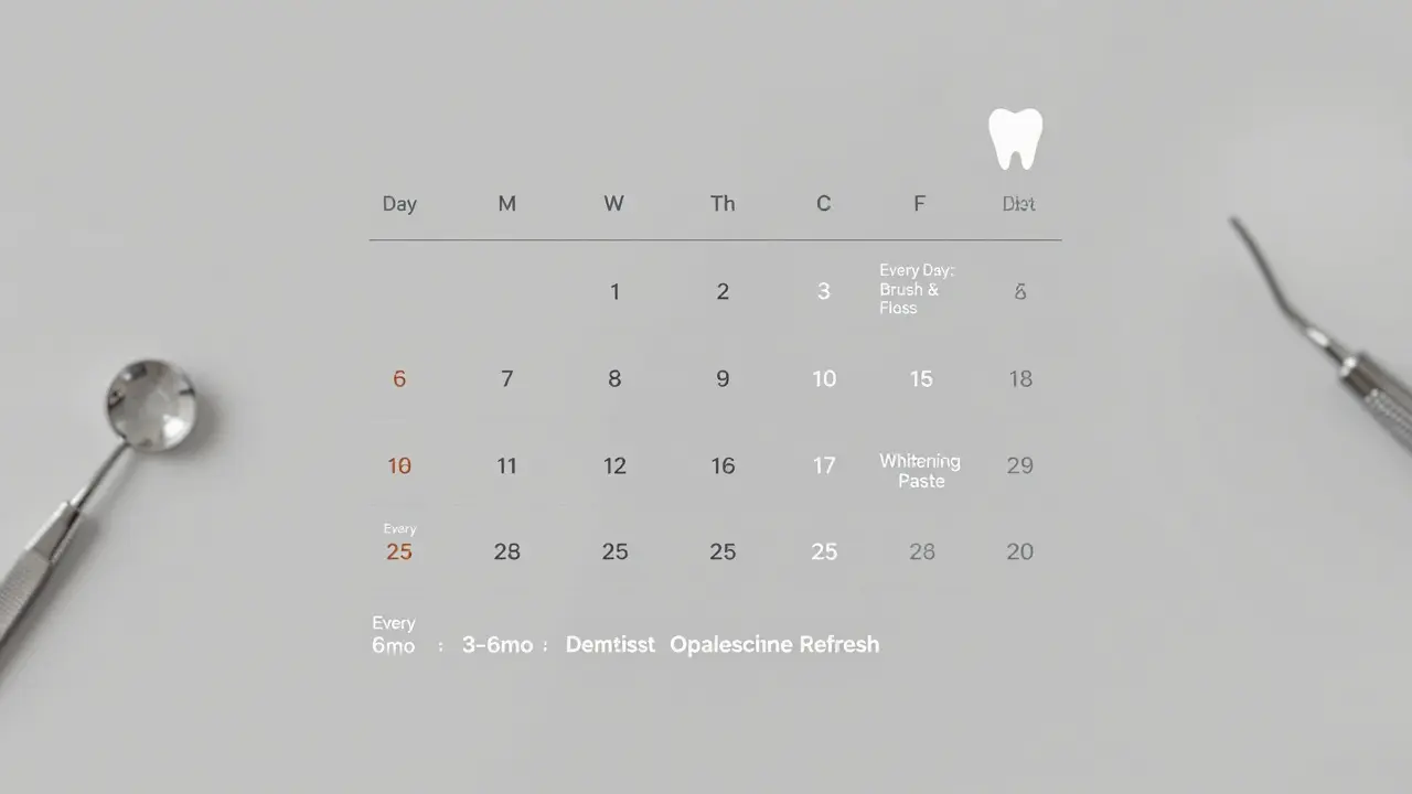 Kalendář s označenými kroky péče o bílé zuby po bělení Opalescence, bez textu, jen symboly.