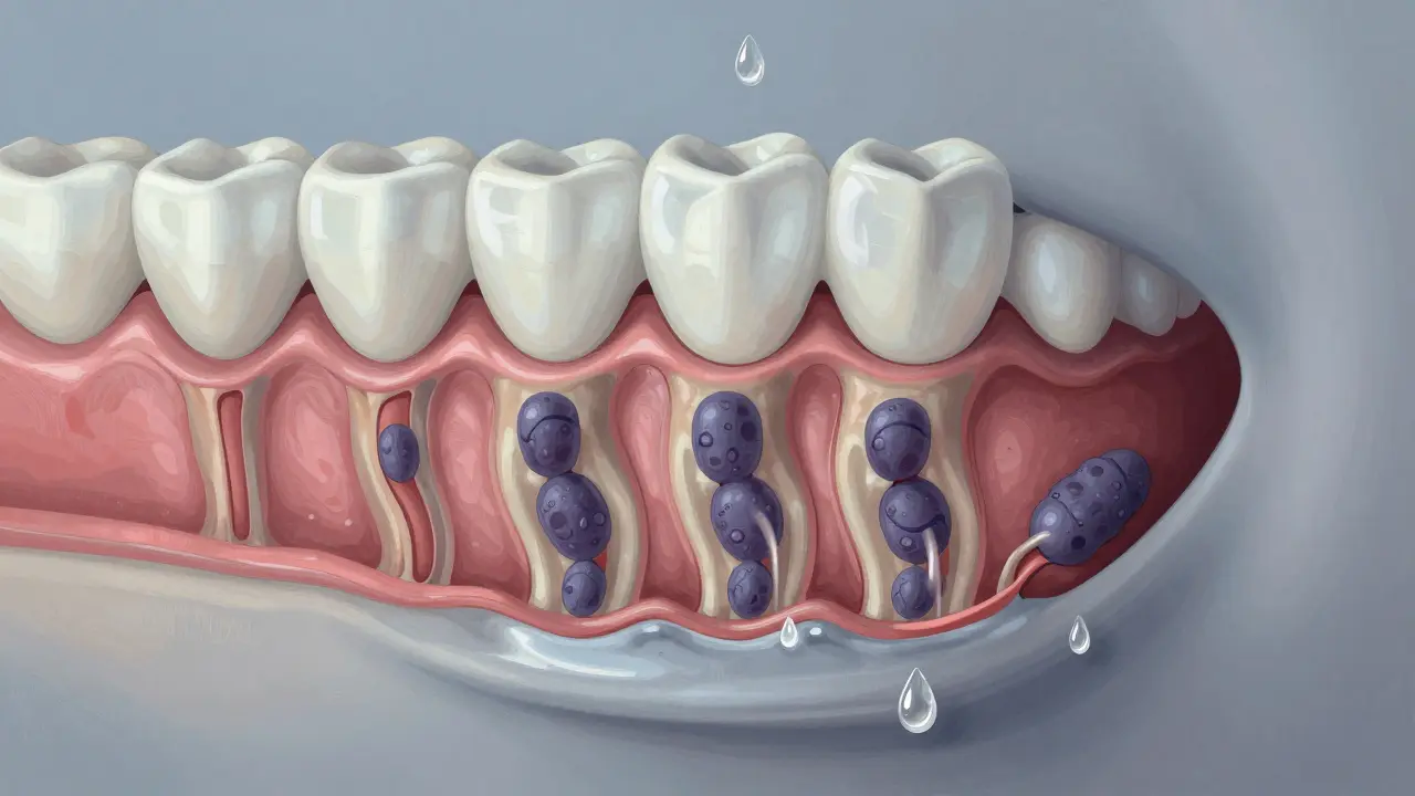 Křížový řez úst ukazující bakterie a kyselinu na odhaleném kořeni zubu.