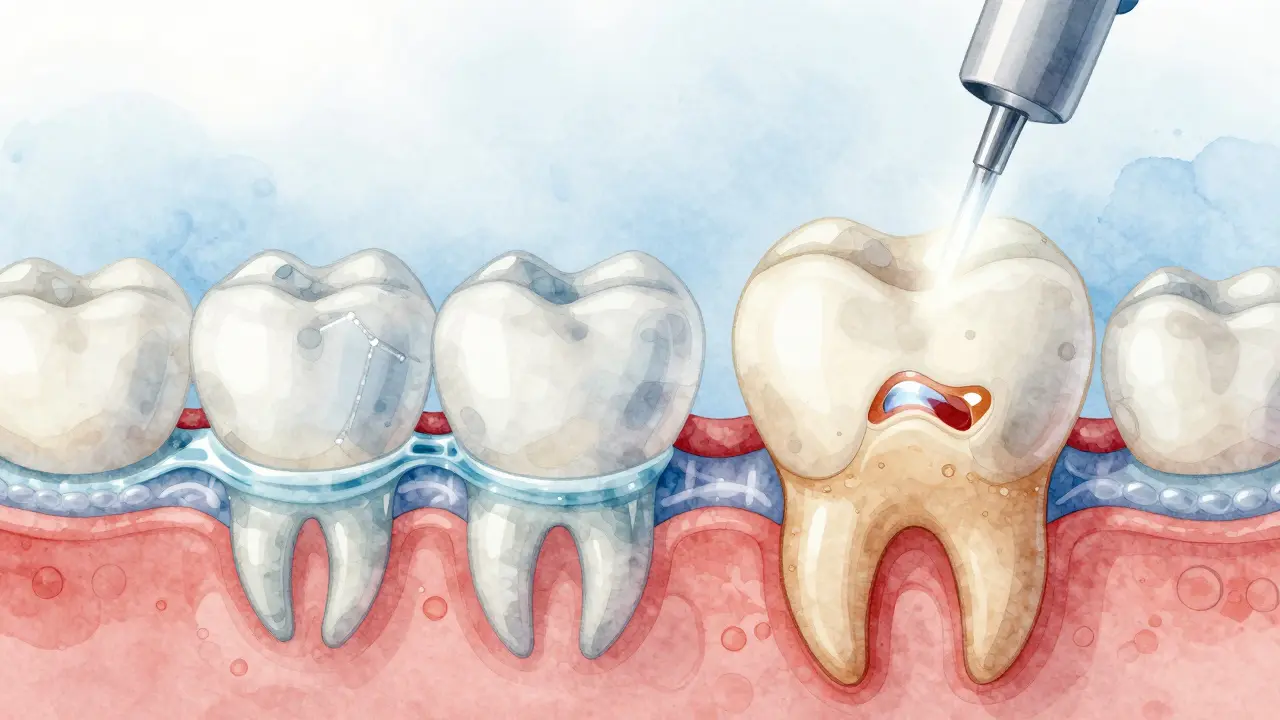 Microscopic view of tooth enamel before and after laser whitening treatment.