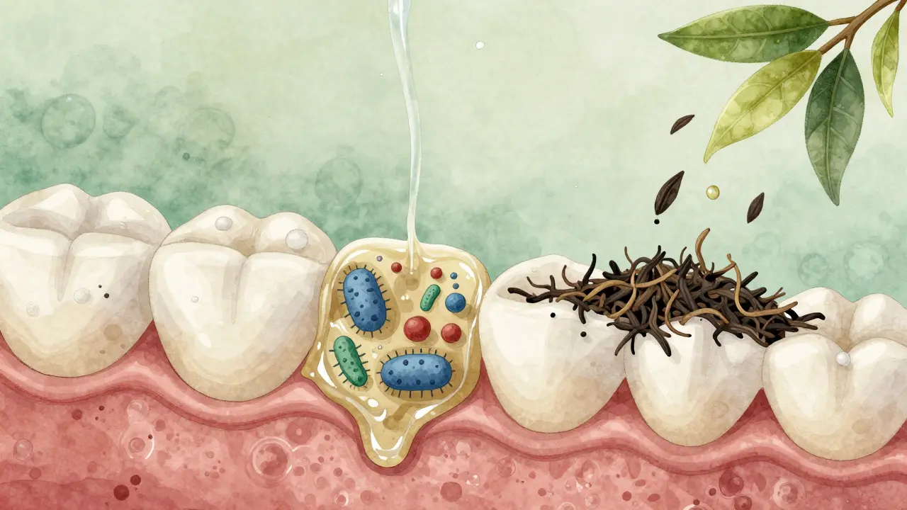 Mikroskopický pohled na zubní plak s přírodními antibakteriálními látkami.