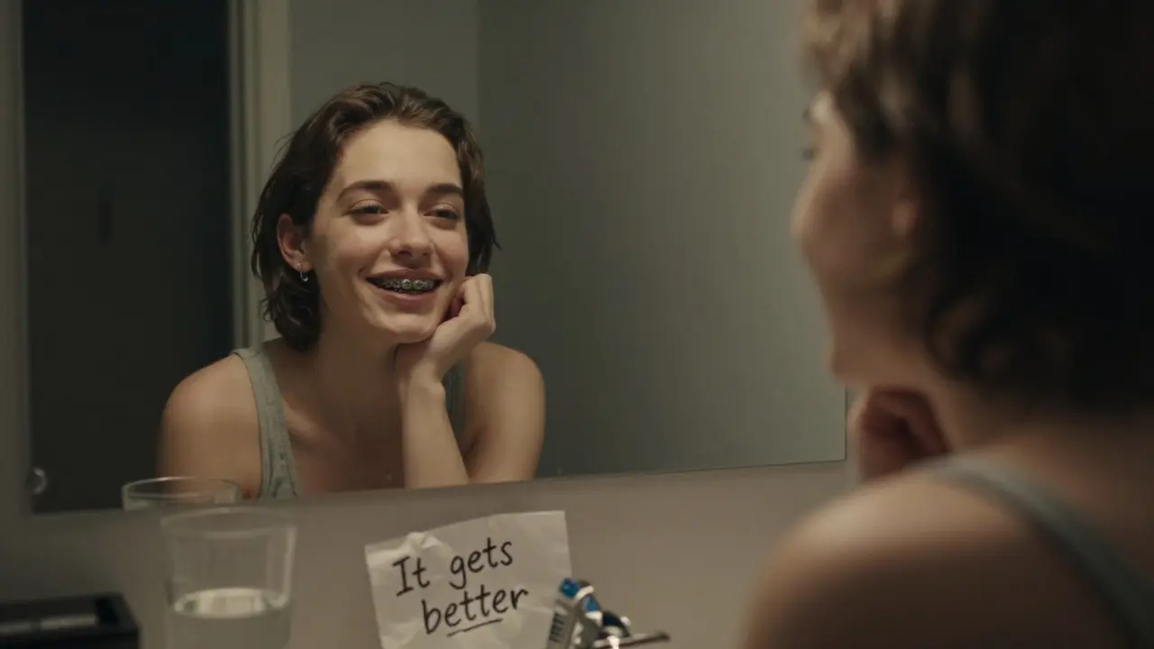 Osoba se dívá do zrcadla s rovnátky, za ní je stín jejího dřívějšího vzhledu.