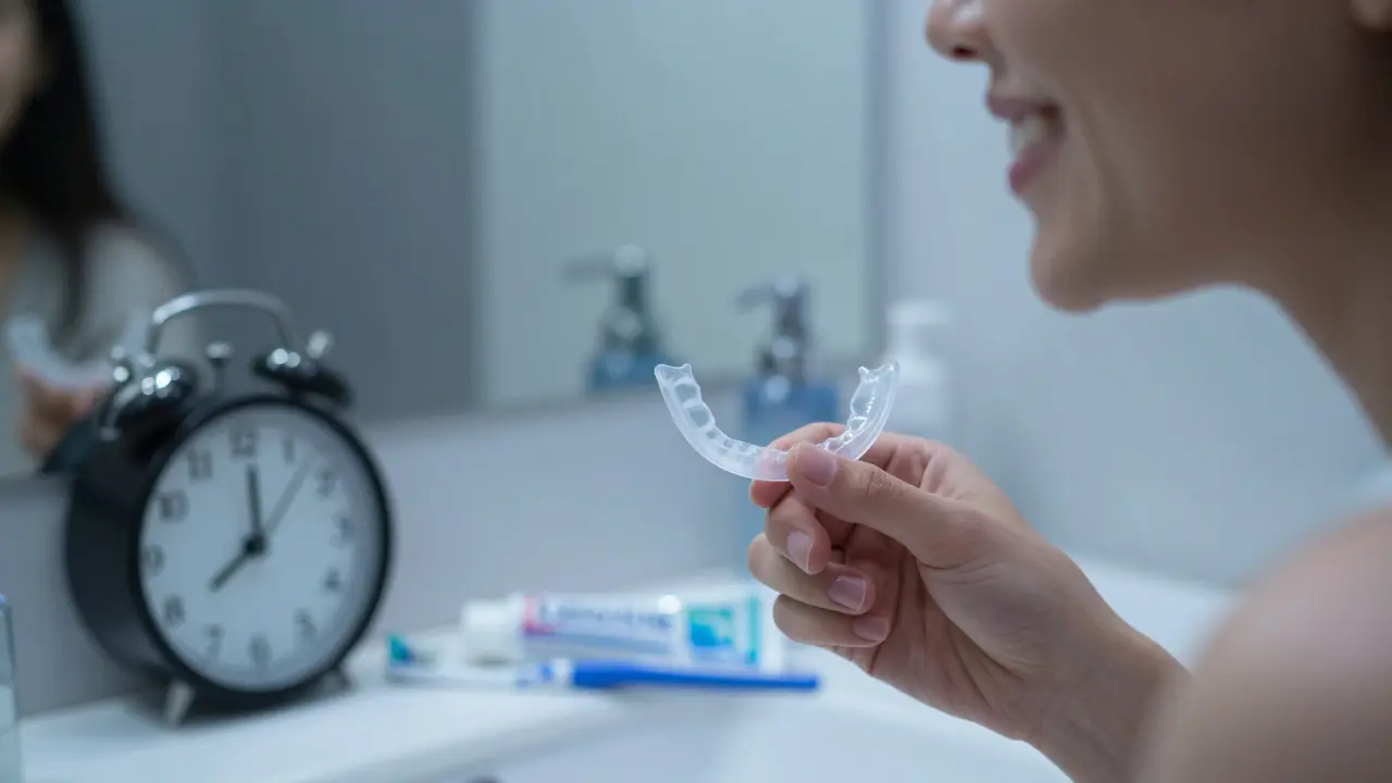 Osoba se jasnějším úsměvem v zrcadle s bělící fólií a zubní pastou na stole.