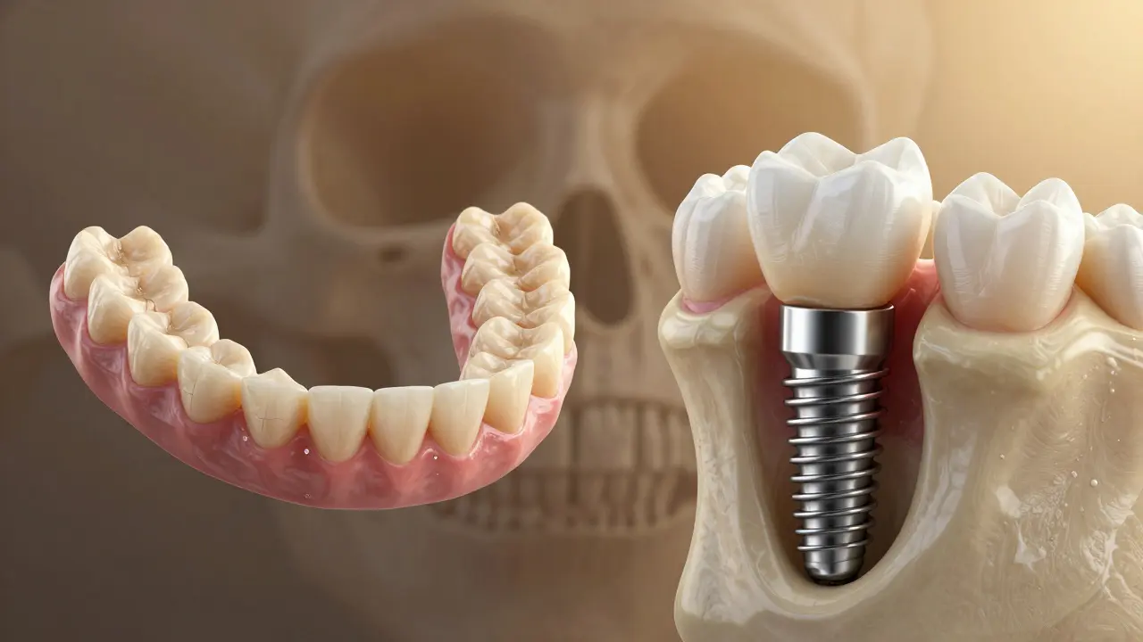 Porovnání staré zubní protézy a moderního implantátu v čelisti s obnovenou kostí.