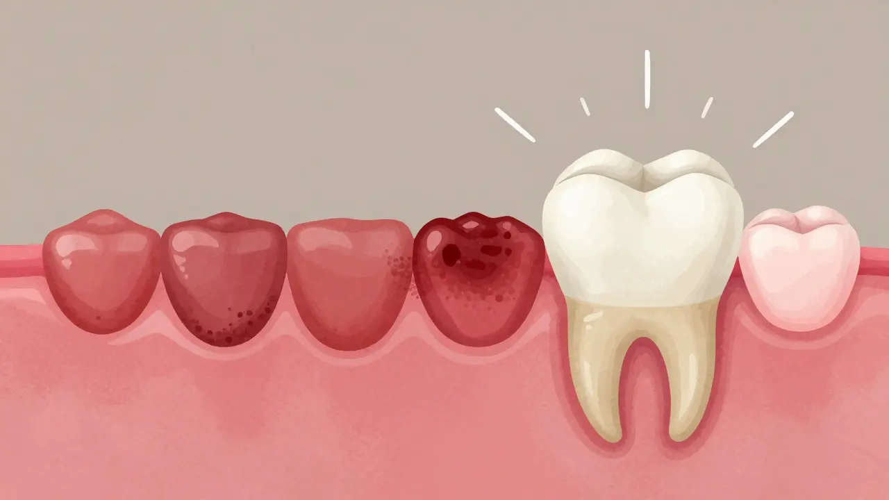 Porovnání zdravých a nemocných dásní před a po léčbě kyretáží.