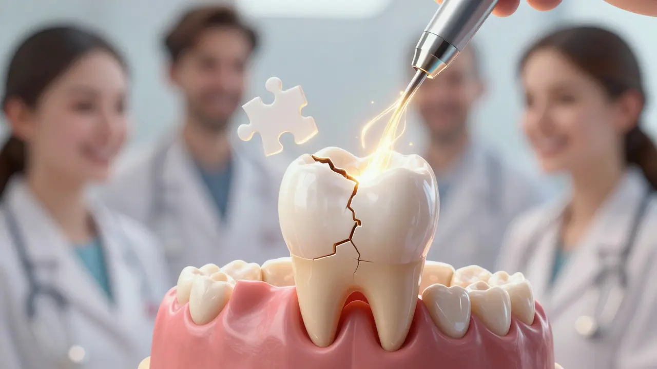 Poškozený zub se mění v přirozeně vypadající úsměv po opravě.