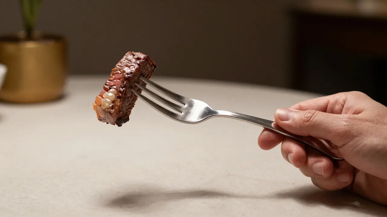 Přechod od chybějícího zubu k plnohodnotnému úsměvu při jídle steaku.