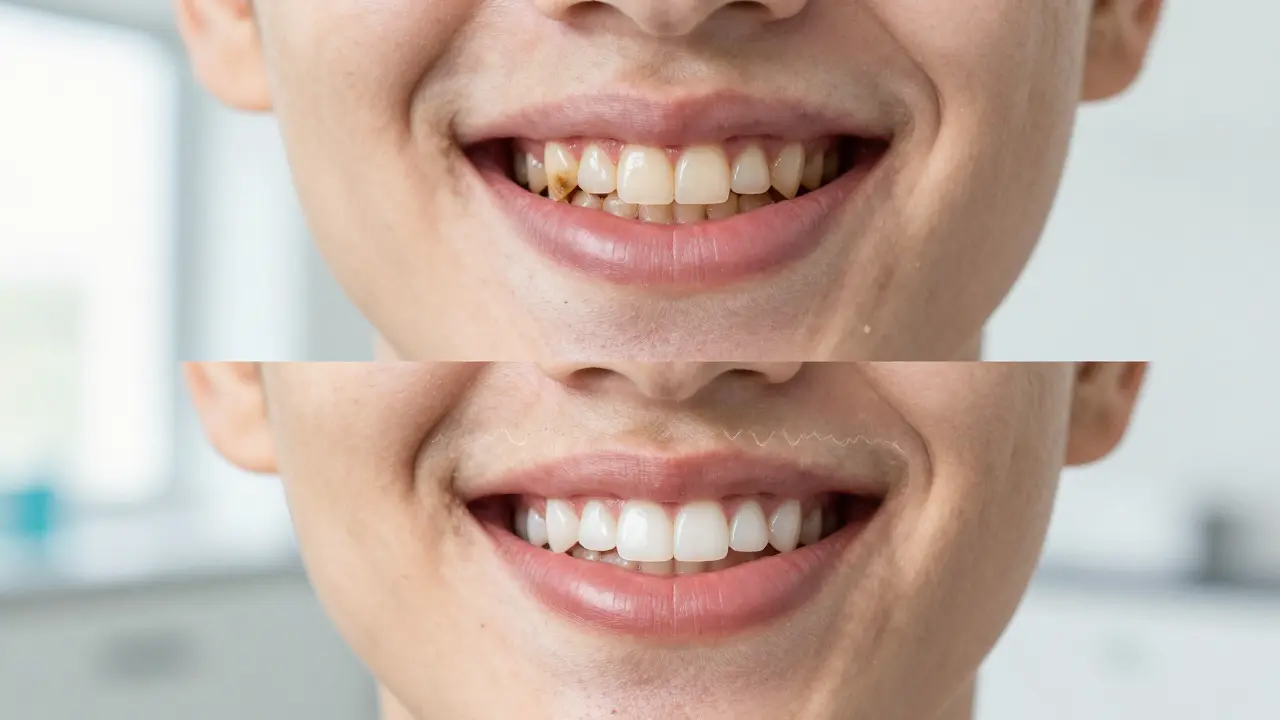 Před a po odstranění zubního kamene – zdravý úsměv po očištění.