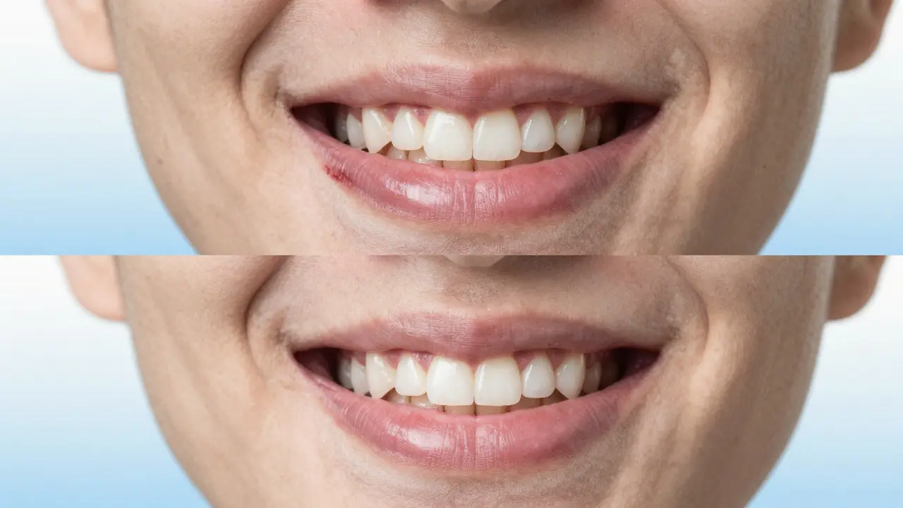 Před a po úsměvu: zvýraznění zahojení dásní po kyretáži.