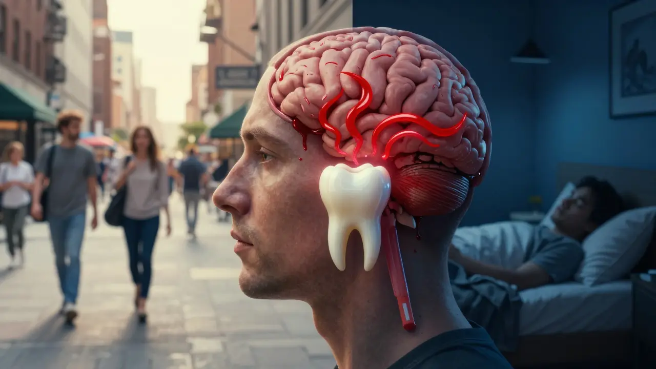 Profiling hlavy s dvojitým vizualizací dne a noci, kde krev způsobuje tlak na zub.