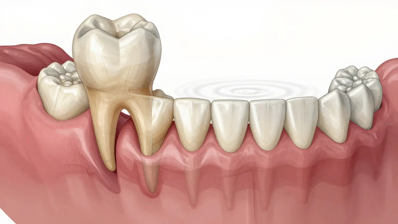 Průřez čelisti s viditelným nepravidelně rostoucím moudrakem tlačícím na sousední zuby.