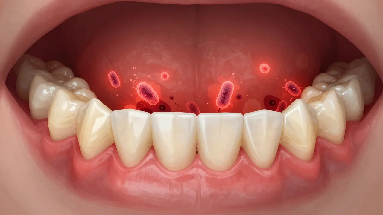 Průřez dásně pod protézou s zánětem a hnisavým plakem na akrylu.