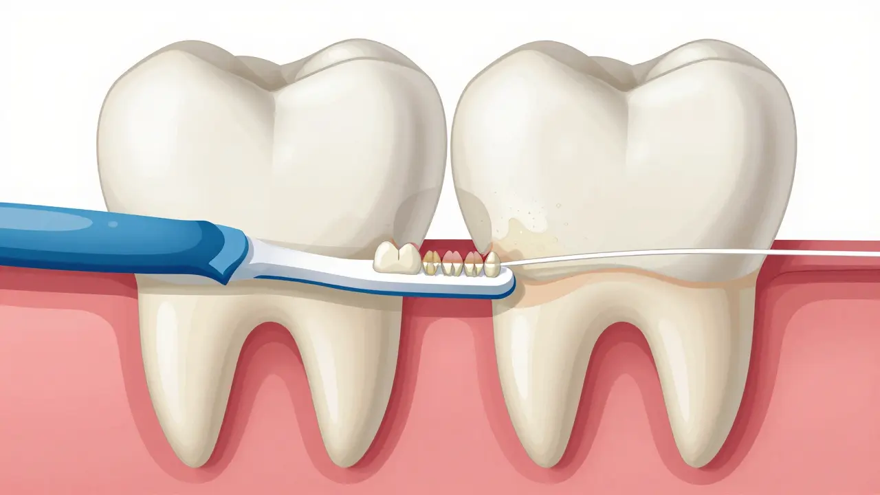 Průřez zubů s mezizubním kartáčkem odstraňujícím plak.