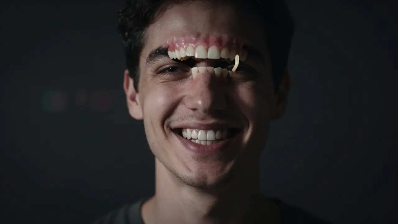 Skrytá hrozba moudraku: stínová verze úsměvu s posunutými zuby za hlavou.