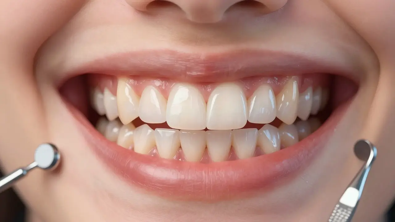 Smiling face with natural-looking composite veneers on front teeth.