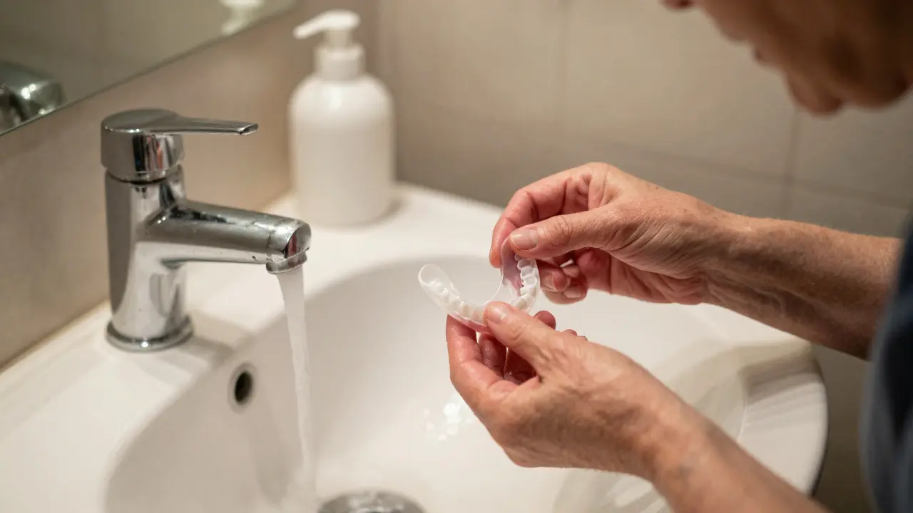 Starý muž vyjímá protézu večer, jeho dásně jsou červené a zánětlivé.