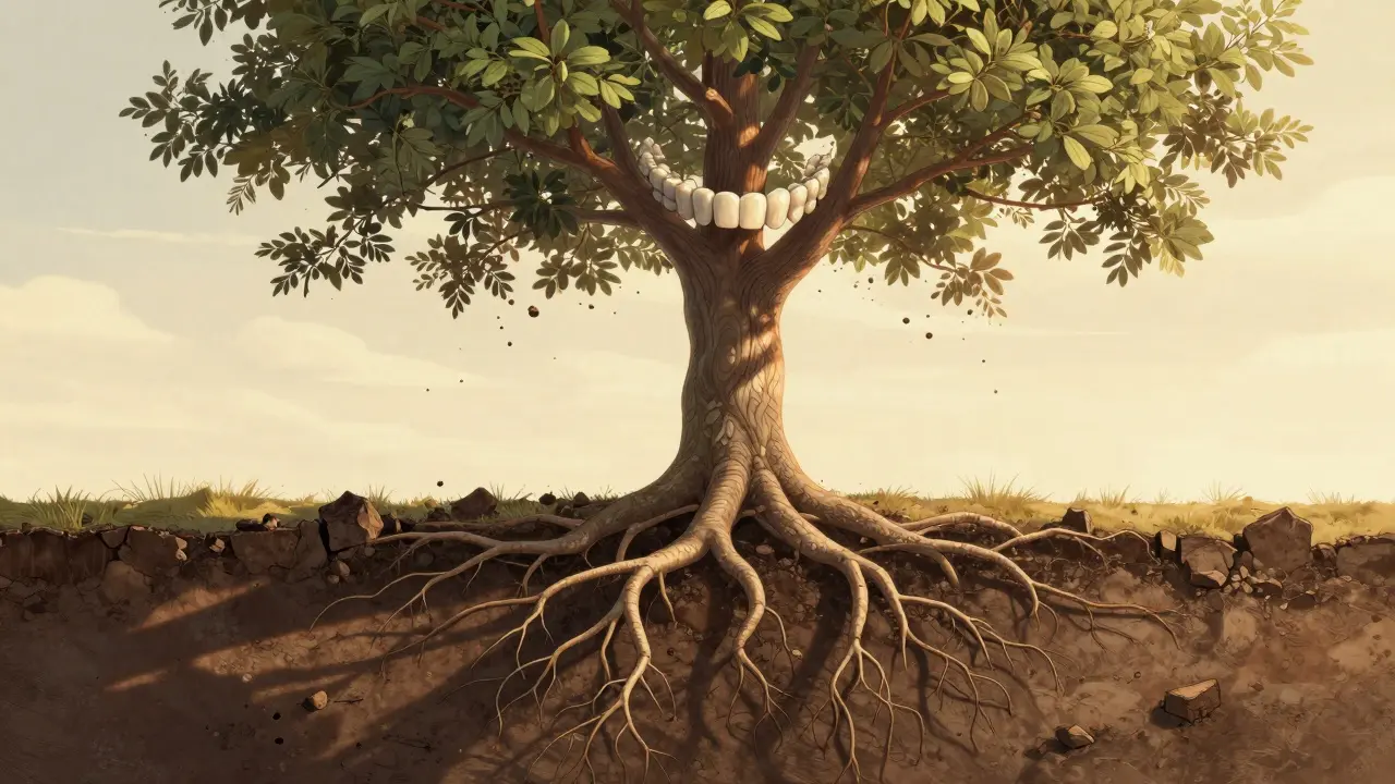 Strom s kořeny jako zuby, které se uvolňují z křehké půdy