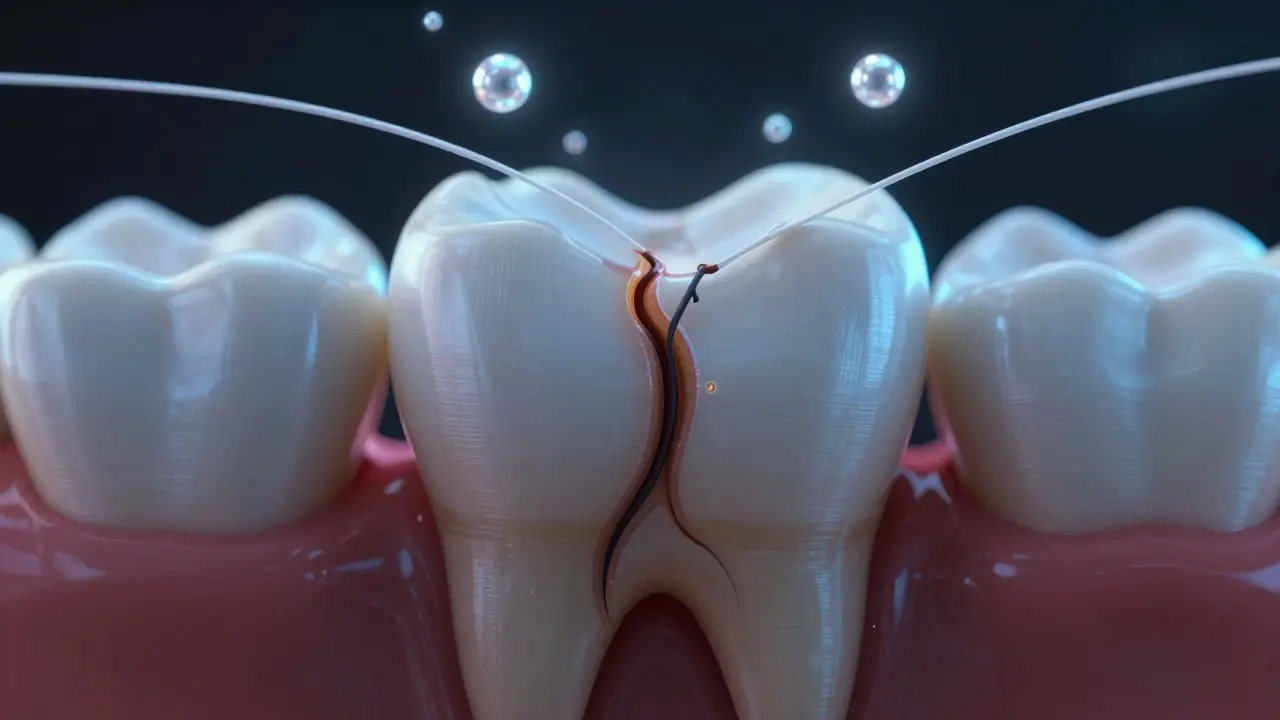 Symbolický obraz kázu šířícího se k nervu, přerušeného nití a fluoridem.